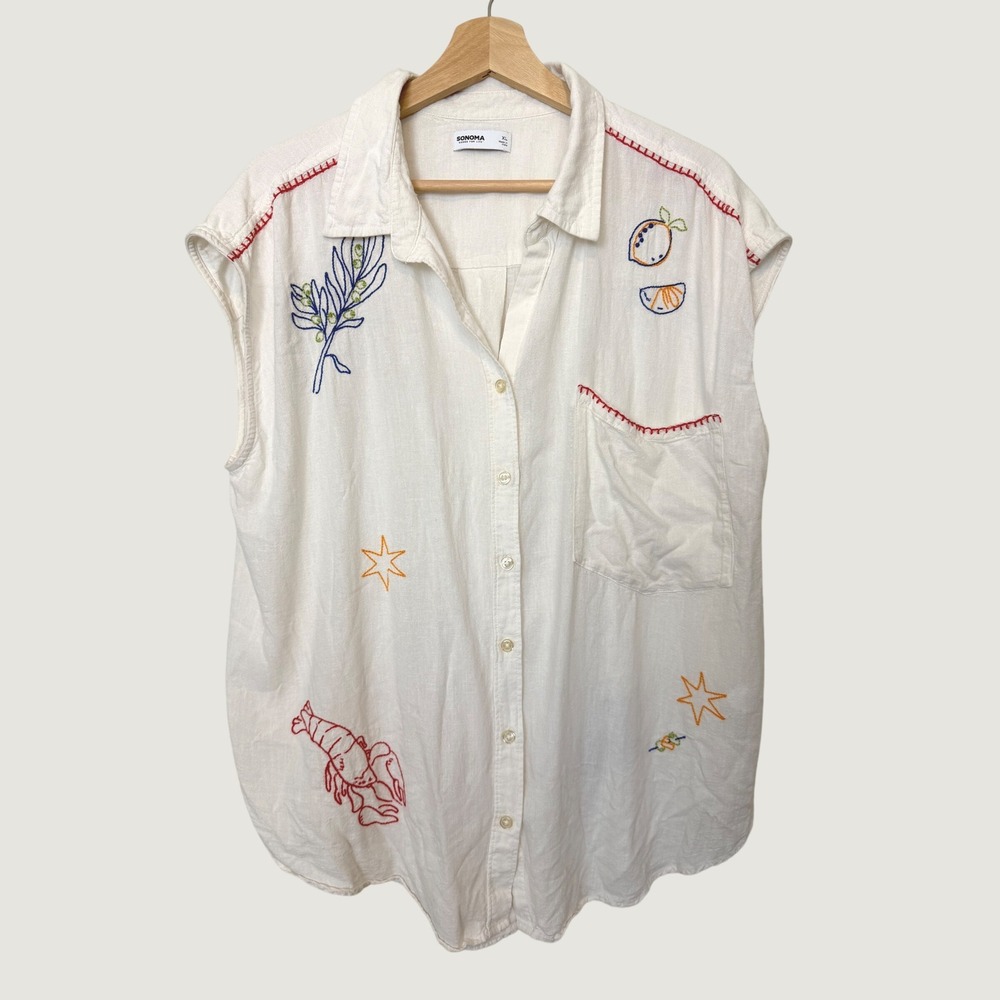 Sonoma Embroidered Linen Blend Button Down Shirt XL Off-White
